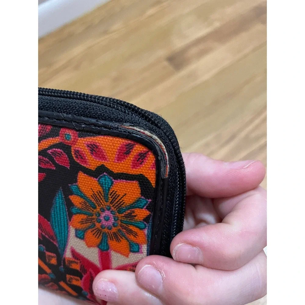 Fossil Floral Wallet Clutch Coated Canvas Orange Pink Teal‎ Black Zip Around
